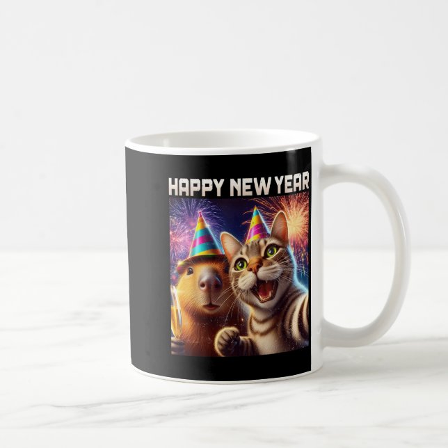 Happy New Year 2026 Cute Cat Capybara Party Art  Kaffemugg (Höger)