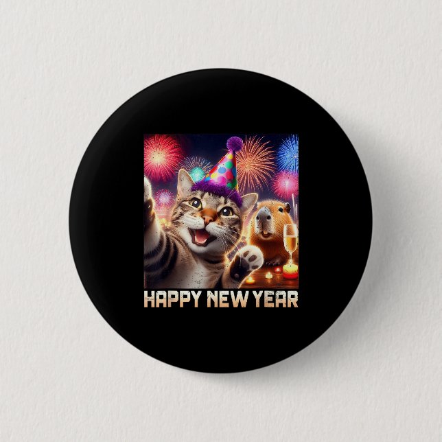 Happy New Year 2026 Cute Cat Capybara Party Art  Knapp (Framsida)