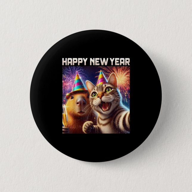 Happy New Year 2026 Cute Cat Capybara Party Art  Knapp (Framsida)