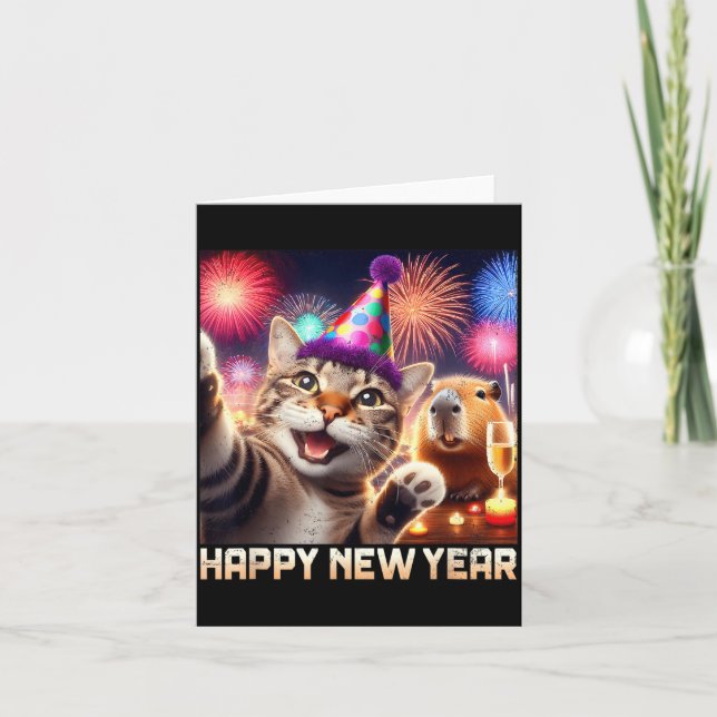 Happy New Year 2026 Cute Cat Capybara Party Art  Kort (Framsida)