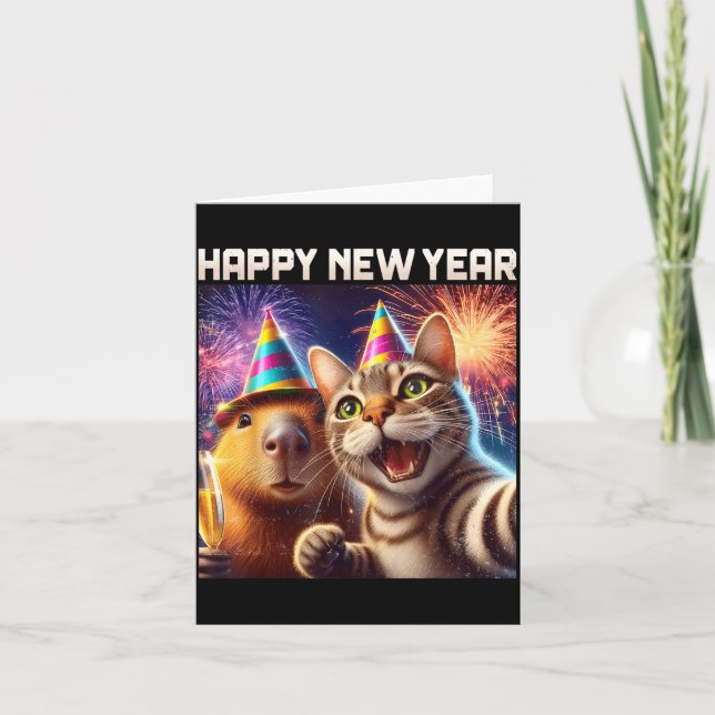 Happy New Year 2026 Cute Cat Capybara Party Art  Kort (Framsida)