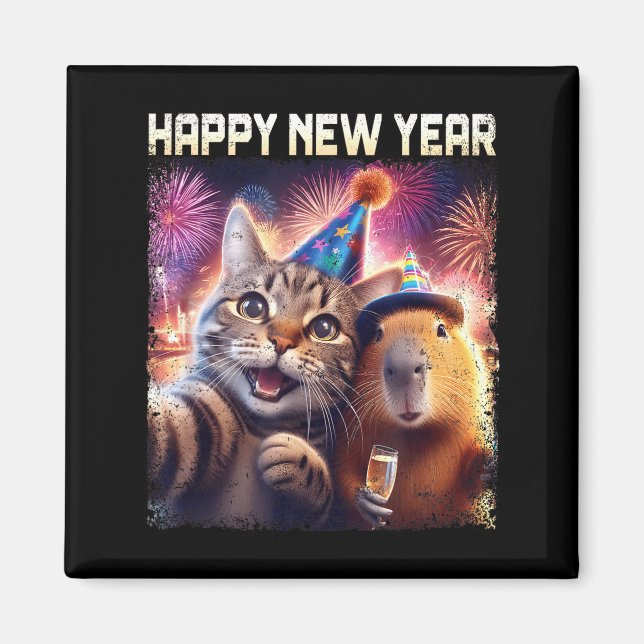Happy New Year 2026 Cute Cat Capybara Party Art  Magnet (Framsidan)