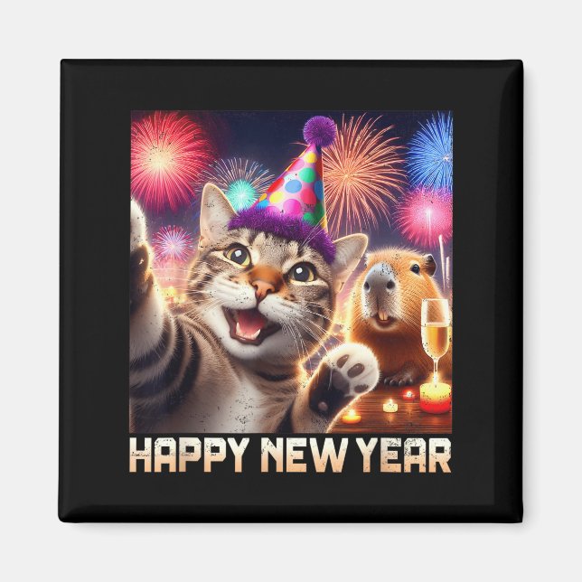 Happy New Year 2026 Cute Cat Capybara Party Art  Magnet (Framsidan)