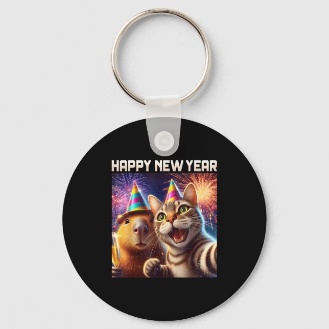 Happy New Year 2026 Cute Cat Capybara Party Art  Nyckelring (Framsida)