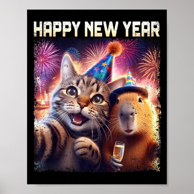 Happy New Year 2026 Cute Cat Capybara Party Art  Poster (Framsidan)