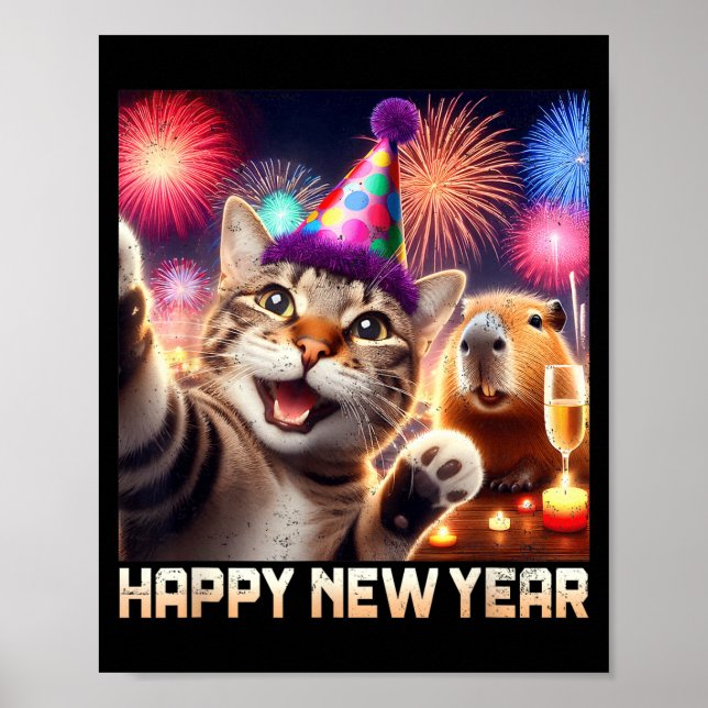 Happy New Year 2026 Cute Cat Capybara Party Art  Poster (Framsidan)