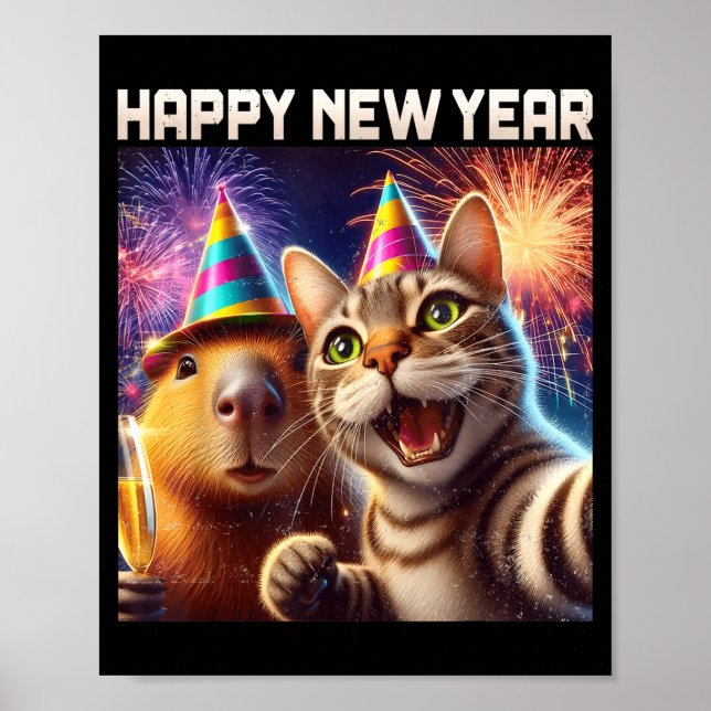 Happy New Year 2026 Cute Cat Capybara Party Art  Poster (Framsidan)