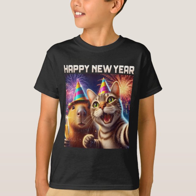 Happy New Year 2026 Cute Cat Capybara Party Art  T Shirt (Framsida)