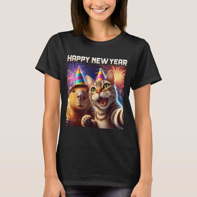 Happy New Year 2026 Cute Cat Capybara Party Art  T Shirt (Framsida)