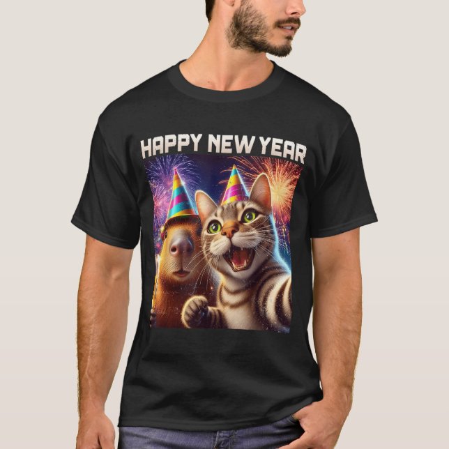 Happy New Year 2026 Cute Cat Capybara Party Art  T Shirt (Framsida)