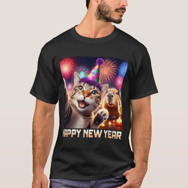 Happy New Year 2026 Cute Cat Capybara Party Art  T Shirt (Framsida)