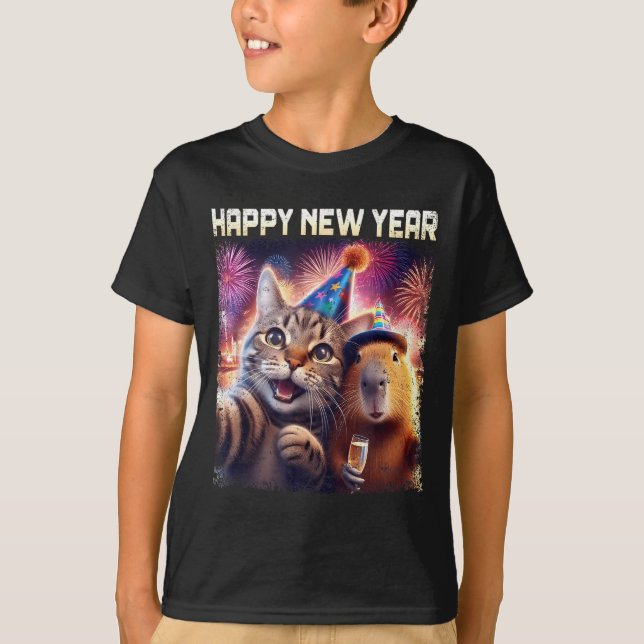 Happy New Year 2026 Cute Cat Capybara Party Art  T Shirt (Framsida)