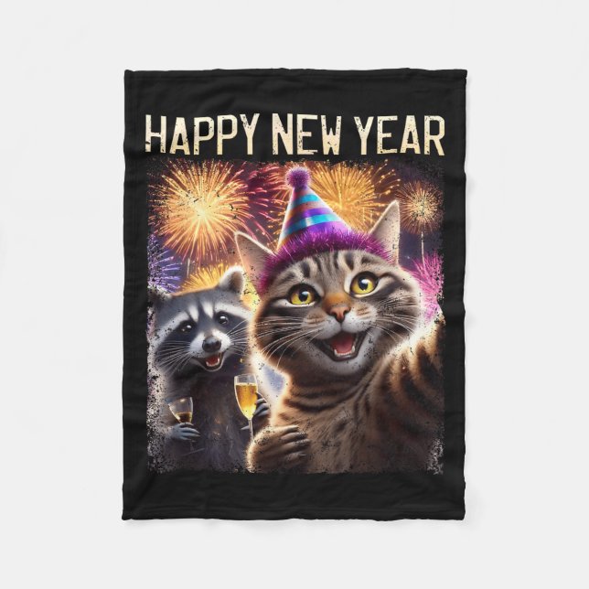 Happy New Year 2026 Cute Cat Raccoon Celebration  Fleecefilt (Framsidan)