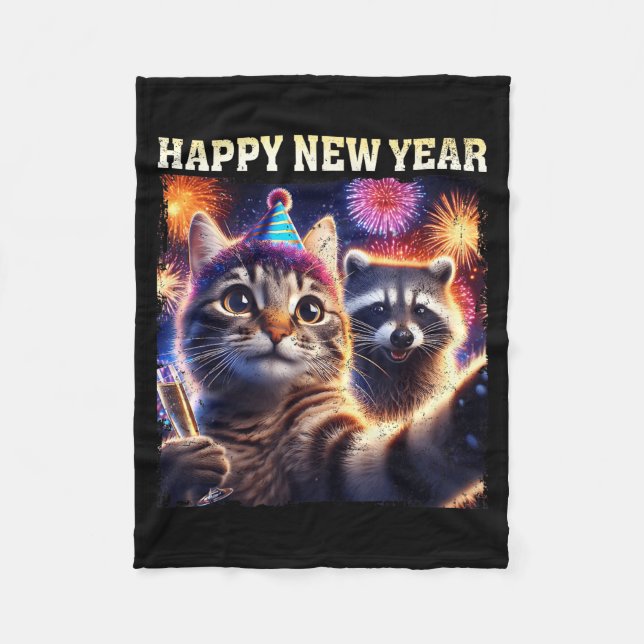 Happy New Year 2026 Cute Cat Raccoon Celebration  Fleecefilt (Framsidan)