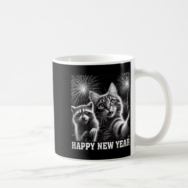 Happy New Year 2026 Cute Cat Raccoon Celebration  Kaffemugg (Höger)