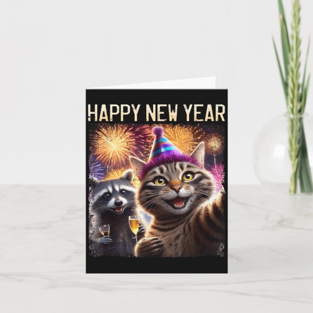 Happy New Year 2026 Cute Cat Raccoon Celebration  Kort (Framsida)