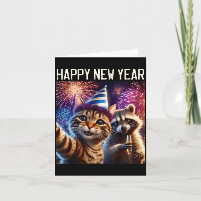 Happy New Year 2026 Cute Cat Raccoon Celebration  Kort (Framsida)