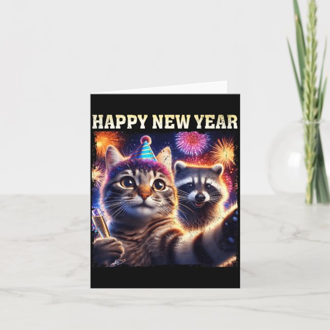 Happy New Year 2026 Cute Cat Raccoon Celebration  Kort (Framsida)
