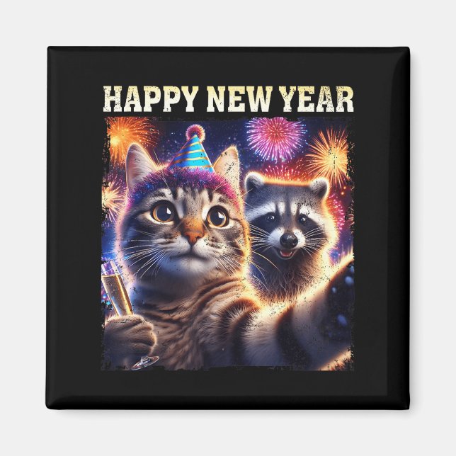 Happy New Year 2026 Cute Cat Raccoon Celebration  Magnet (Framsidan)