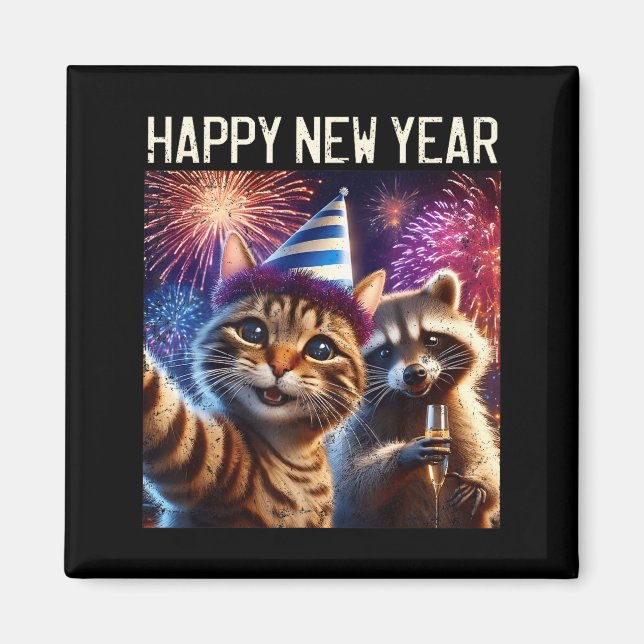 Happy New Year 2026 Cute Cat Raccoon Celebration  Magnet (Framsidan)