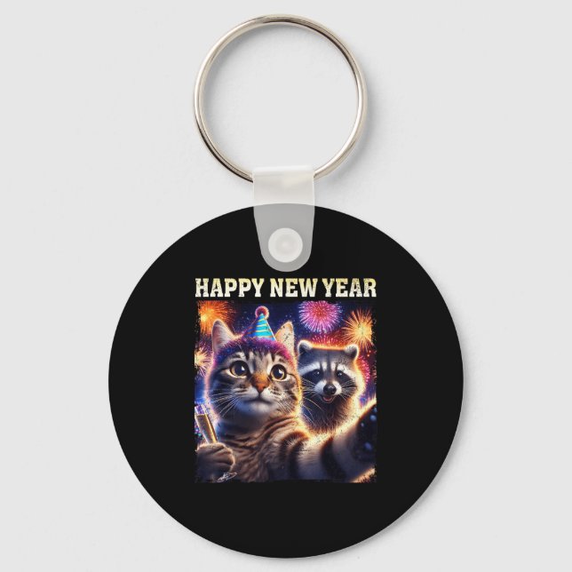 Happy New Year 2026 Cute Cat Raccoon Celebration  Nyckelring (Framsida)