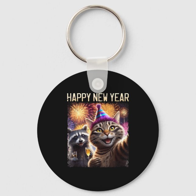 Happy New Year 2026 Cute Cat Raccoon Celebration  Nyckelring (Framsida)
