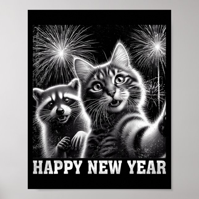 Happy New Year 2026 Cute Cat Raccoon Celebration  Poster (Framsidan)
