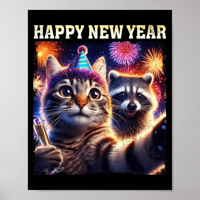 Happy New Year 2026 Cute Cat Raccoon Celebration  Poster (Framsidan)