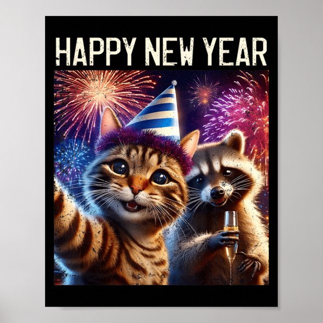Happy New Year 2026 Cute Cat Raccoon Celebration  Poster (Framsidan)