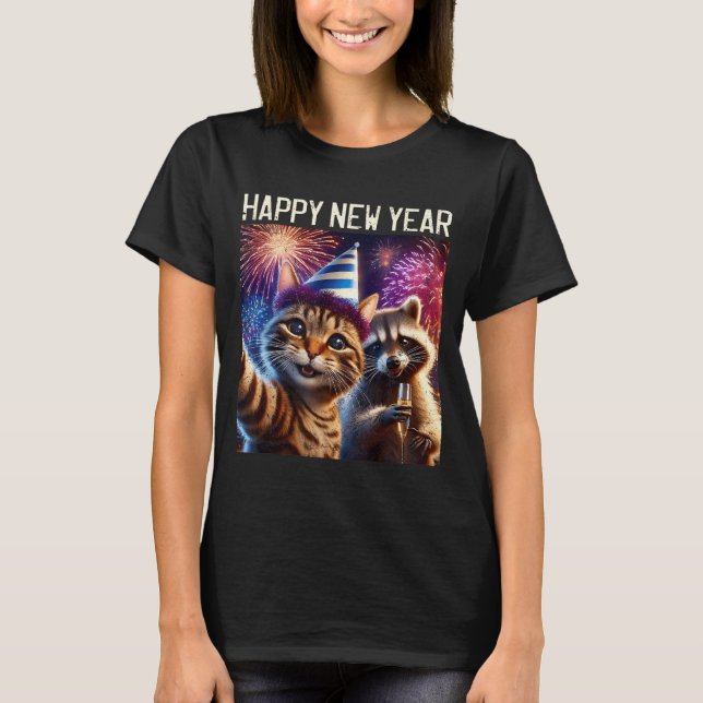 Happy New Year 2026 Cute Cat Raccoon Celebration  T Shirt (Framsida)