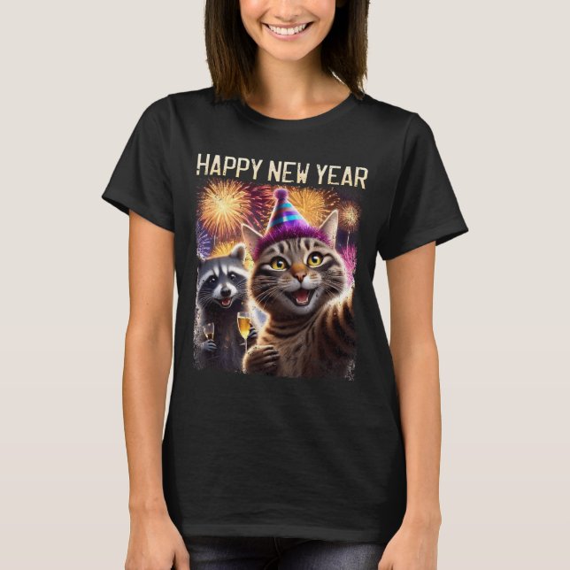 Happy New Year 2026 Cute Cat Raccoon Celebration  T Shirt (Framsida)