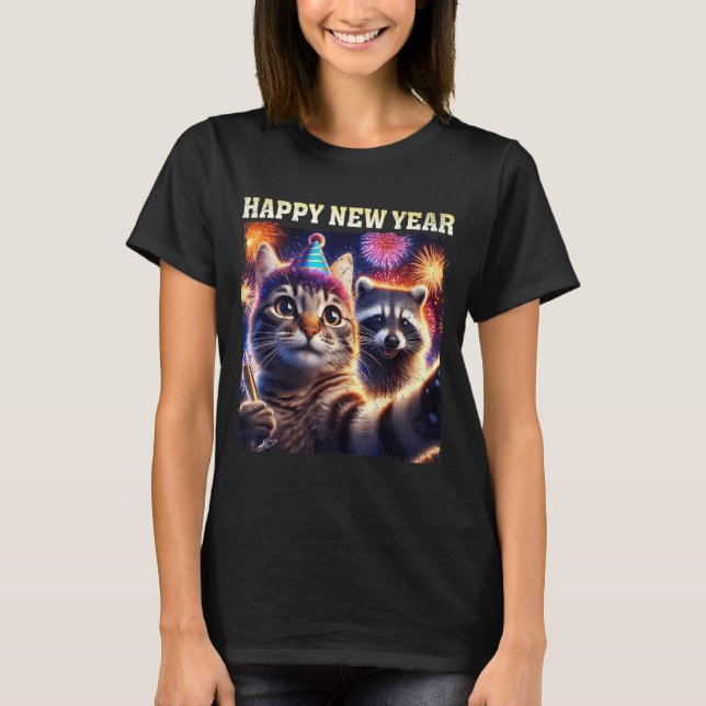 Happy New Year 2026 Cute Cat Raccoon Celebration  T Shirt (Framsida)