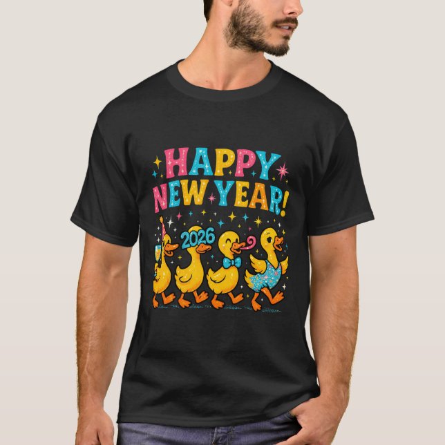 Happy New Year 2026 Cute Duck Party Gift Long Slee T Shirt (Framsida)