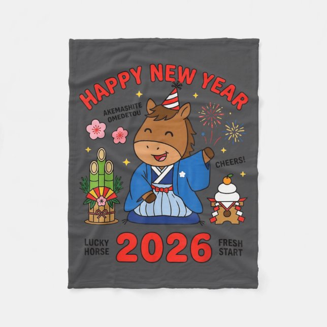 Happy New Year 2026 Cute Horse Japanese Celebratio Fleecefilt (Framsidan)