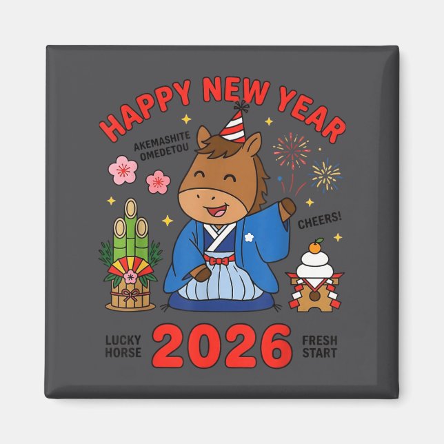 Happy New Year 2026 Cute Horse Japanese Celebratio Magnet (Framsidan)