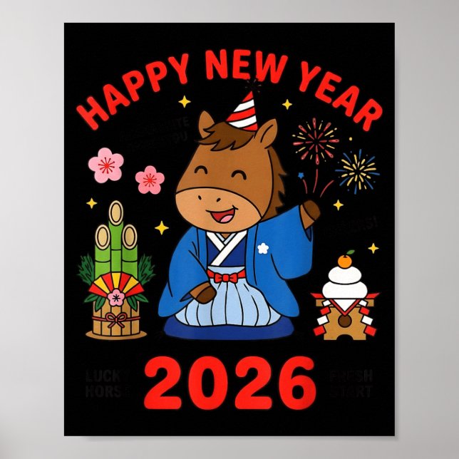 Happy New Year 2026 Cute Horse Japanese Celebratio Poster (Framsidan)