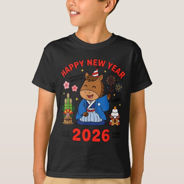 Happy New Year 2026 Cute Horse Japanese Celebratio T Shirt (Framsida)