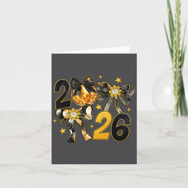 Happy New Year 2026 Disco Ball Coquette Bow New Ye Kort (Framsida)