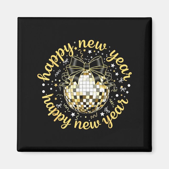 Happy New Year 2026 Disco Ball Gold Bow Coquette C Magnet (Framsidan)