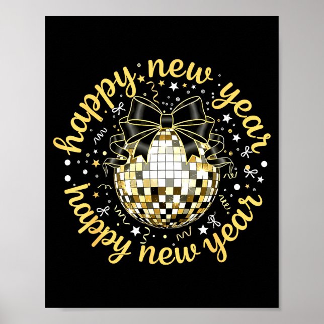 Happy New Year 2026 Disco Ball Gold Bow Coquette C Poster (Framsidan)