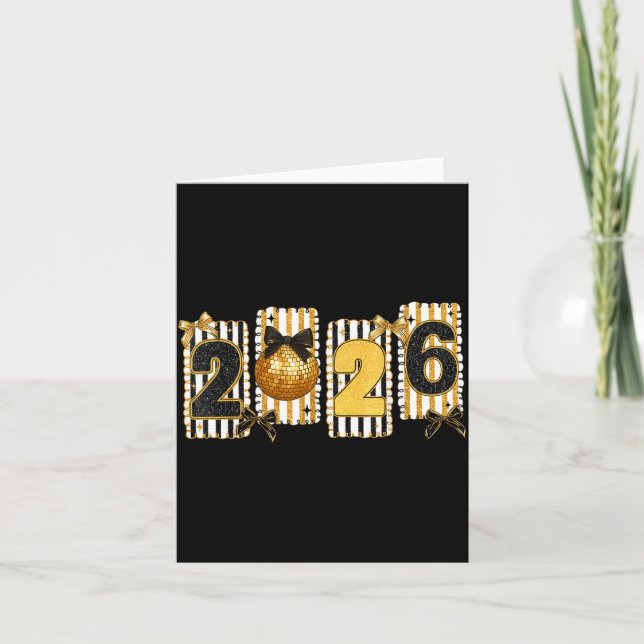 Happy New Year 2026 Disco Ball Gold Coquette Bow F Kort (Framsida)