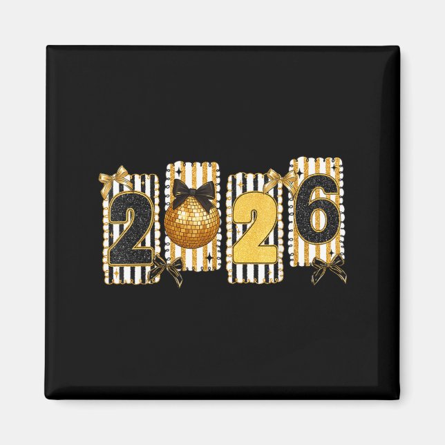 Happy New Year 2026 Disco Ball Gold Coquette Bow F Magnet (Framsidan)
