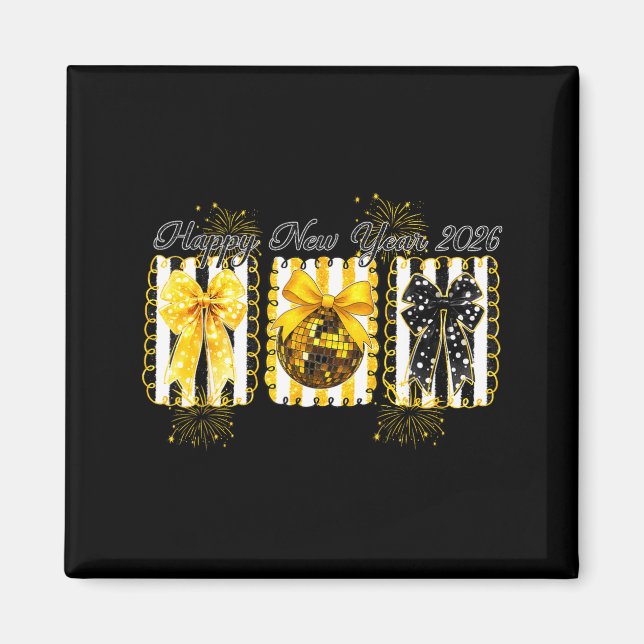 Happy New Year 2026 Disco Ball Gold Coquette Bow F Magnet (Framsidan)
