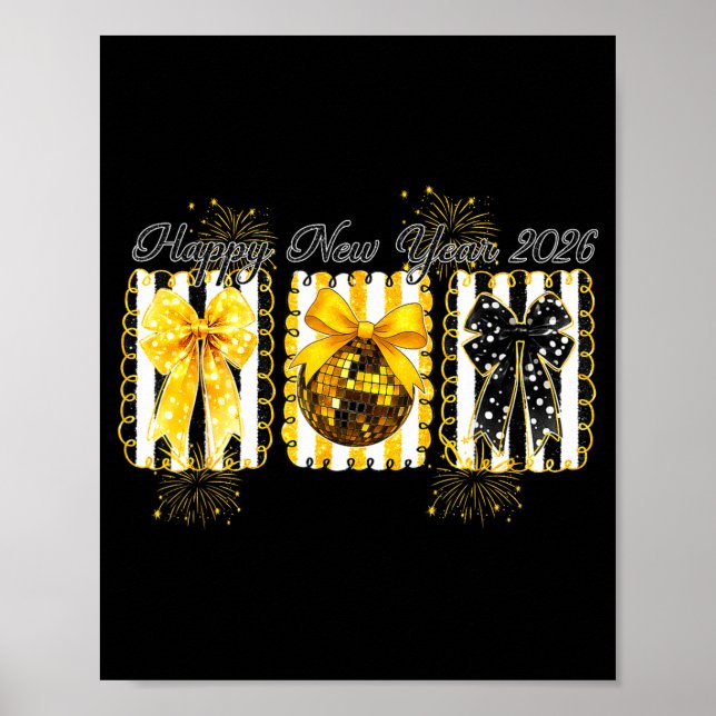 Happy New Year 2026 Disco Ball Gold Coquette Bow F Poster (Framsidan)