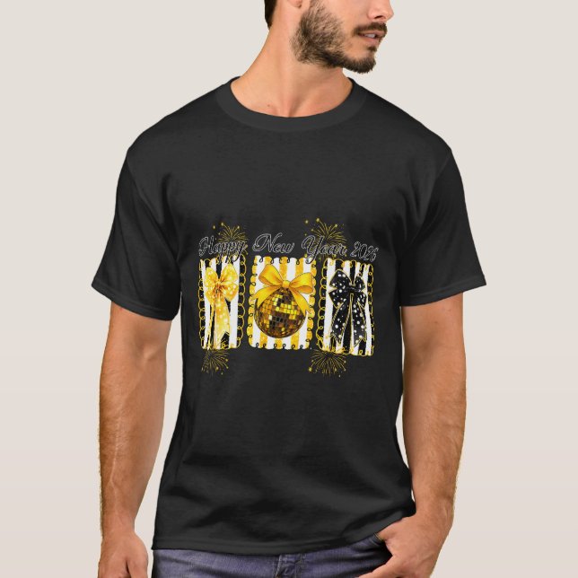 Happy New Year 2026 Disco Ball Gold Coquette Bow F T Shirt (Framsida)