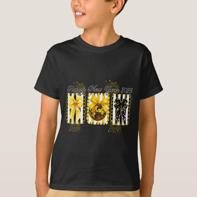 Happy New Year 2026 Disco Ball Gold Coquette Bow F T Shirt (Framsida)