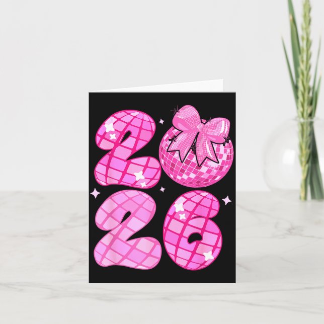 Happy New Year 2026 Disco Ball Nk Coquette Bow Fam Kort (Framsida)