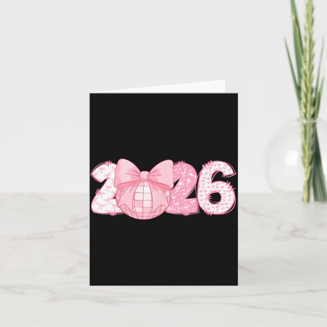 Happy New Year 2026 Disco Ball Nk Coquette Bow Fam Kort (Framsida)