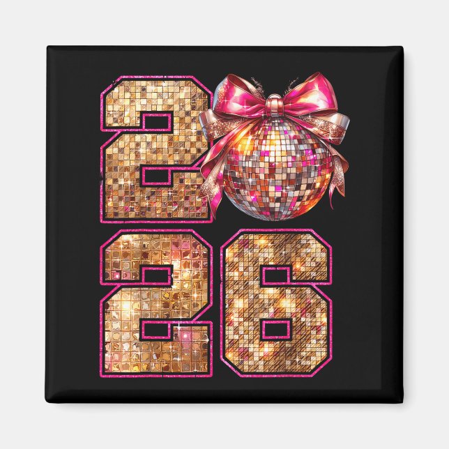 Happy New Year 2026 Disco Ball Nk Coquette Bow Fam Magnet (Framsidan)