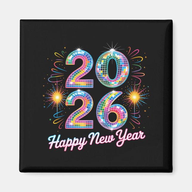 Happy New Year 2026 Disco Ball Retro Family Matchi Magnet (Framsidan)